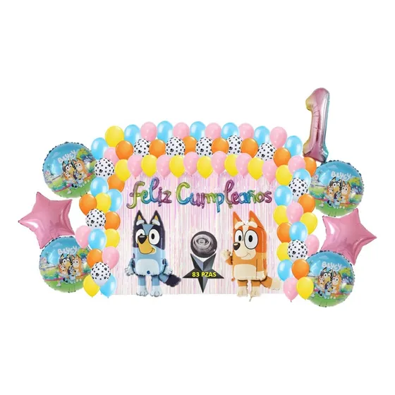 Kit De Decoracion Cumpleaños Globos Bluey Y Bingo Niña 83 Pz