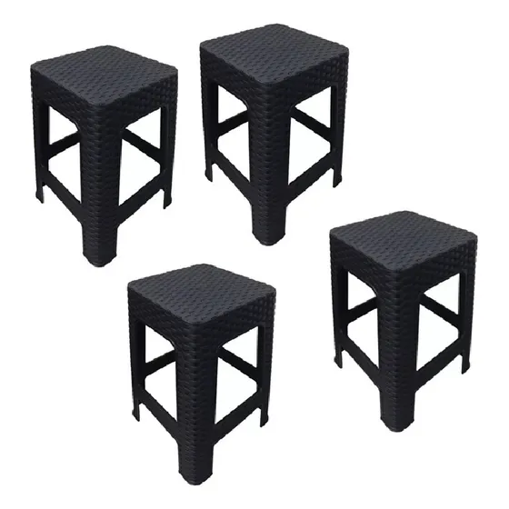 Pack 4 Piso Banquito Plástico Rattan Negro Firmes Apilables