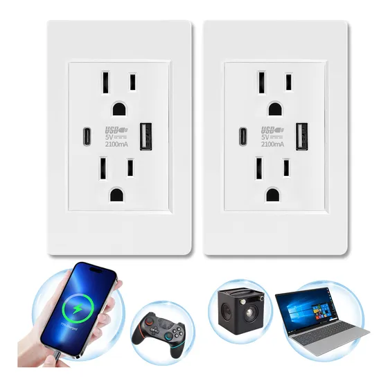2pcs Contacto Doble Toma Corriente Con Puertos Usb Y Tipo C