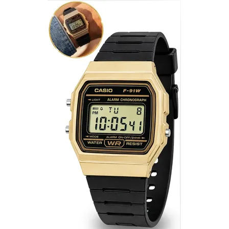Relógio De Pulso Digital Casio F-91wm-9adf Com Corria De Resina Cor Preto - Fondo Dourado