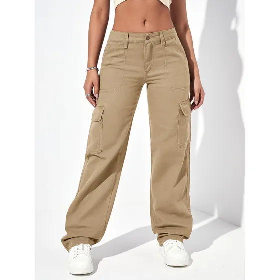Jean Cargo Con Bolsillos Y Solapa Caqui Shein 