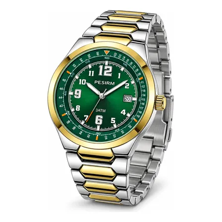 Relógio De Pulso Masculino Social Quartzo Com Calendário  Prata E Ouro Verde