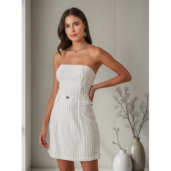 Vestido Feminino Curto Tomara Que Caia Risca De Giz Fivela