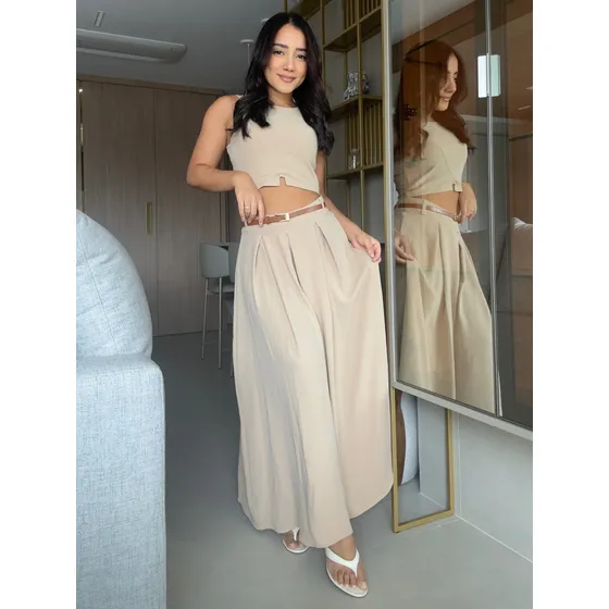 Conjunto Blusa Cropped E Saia Longa Casual Elegante Verão