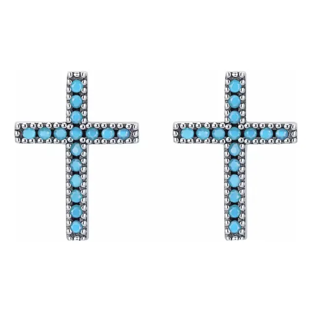 Aretes Topos Diseño De Cruz  Para Mujer En Plata 925 Y Turqu