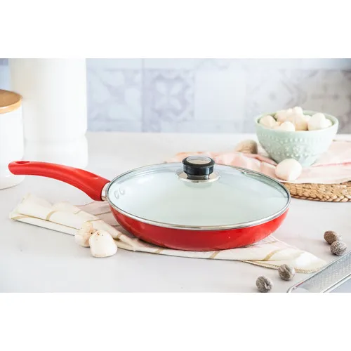 Sartén Roja Cerámica Antiadherente C/ Tapa Vidrio De 24cm Color Rojo