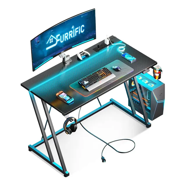 FURRIFIC Escritorio Gamer Ajustable RGB LED 100x50cm Base Z Estable con 2 Enchufes + 2 USB, Portavasos y Soporte Auriculares | Mesa PC Gaming