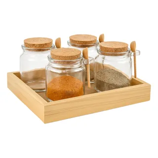 Kit 4 Potes Vidro Porta Temperos Colher Bambu Tampa Rolha Kit 4 Potes Vidro Porta Temperos Colher Bambu Tampa Rolha