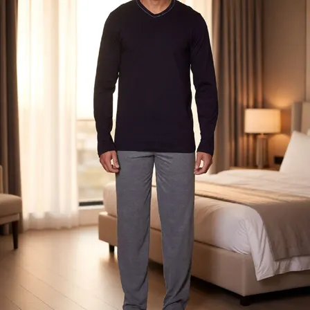 Pijama Masculino Mash Manga Longa Gola V Elast.embutido Preto Liso G