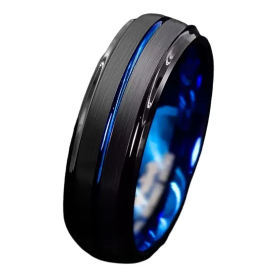 Anillo De Tungsteno Negro Y Azul Hombre 8mm