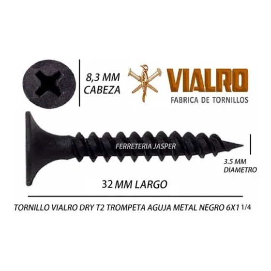 Tornillo Vialro Negro Metal Aguja T2 6 X 1 1/4 