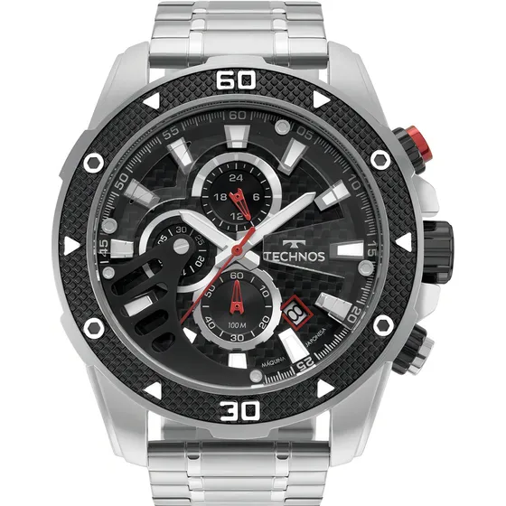 Relógio Masculino Technos Analogico Js15fr/1p - Prata Bisel Preto Fundo Preto