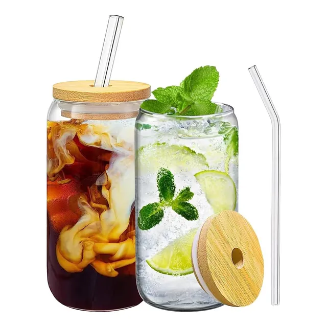 Juego De 2 Vasos De Vidrio Con Tapa De Bambú Y Pitillo