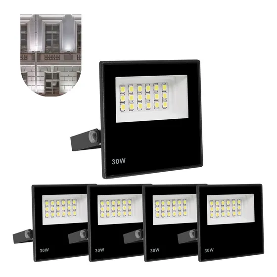 Kit 5 Refletor Led 30w Holofote 127/220V Prova Dágua Luz Frio Carcaça Preta Luz Branca Frio 127/220V