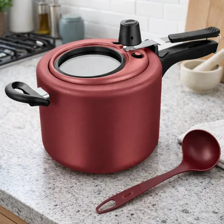 Panela Pressão Antiaderente Alumínio Com Visor 4,5l Mta Cereja
