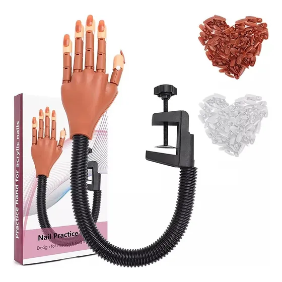 CIICII Mano Practica Uñas, Manos y Dedos Para Practicar Manicura, Manos Falsas para Práctica de Uñas, Kits de Manos Ajustables para Entrenamiento de Uñas Flexibles Con Flexible Base 200 tips