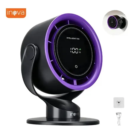 Ventilador Portãtil Recarregável Inova Bateria 3600mah 100 Modos Ajustáveis 3 Velocidades Montagem em Parede e Mesa Visor LCD Cinza