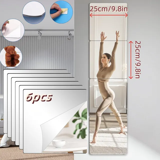 Espejos de 6pcs Cuadrado Hogar Decorativos Para Inastillable Pared Conjunto Acrílico Vinilos Viene con Autoadhesivos AmasSmile, sobre la Puerta, para recámara, Seguro para niños Espejo de Dormitorio