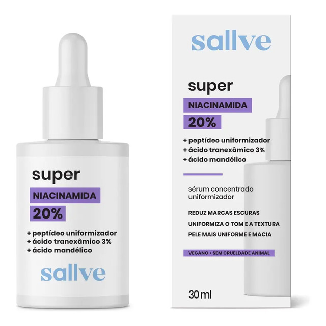 Frasco conta-gotas do Sérum Super Niacinamida 20% da Sallve ao lado de sua embalagem de papelão branca com detalhes em roxo.