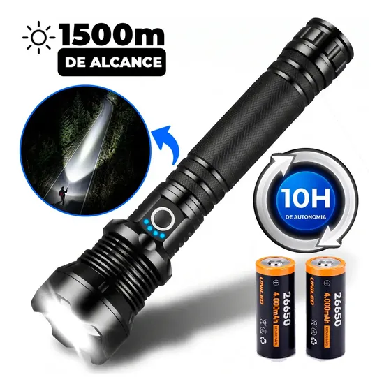 Lanterna Tática P90 Recarregável LED Potente Zoom Telescópico Corpo em Aluminio Anticorrosivo IP65 Resistente Chuva Respingos Poeira Uniled