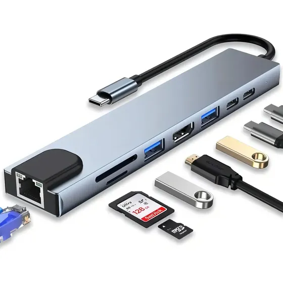 Adaptador Hub 8 En 1 Tipo C Hdmi Puerto Land Usb Mac Y Pc Sd Color Azul Acero | Cuotas sin interés