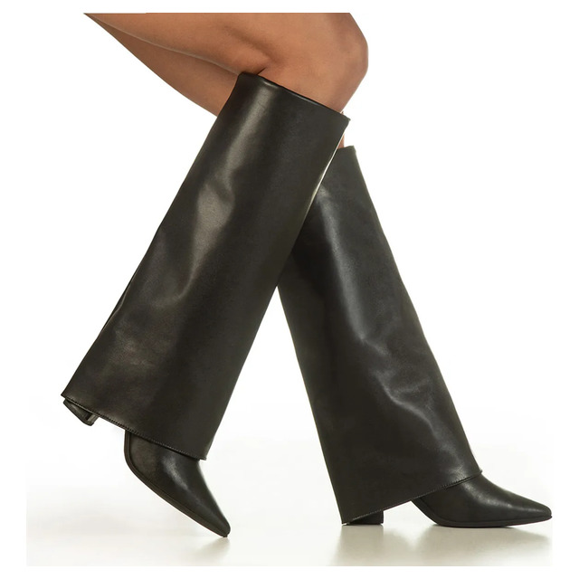 Bota Capa Feminina Cano Longo Salto Alto Bloco Bico Fino Preto 37 Br