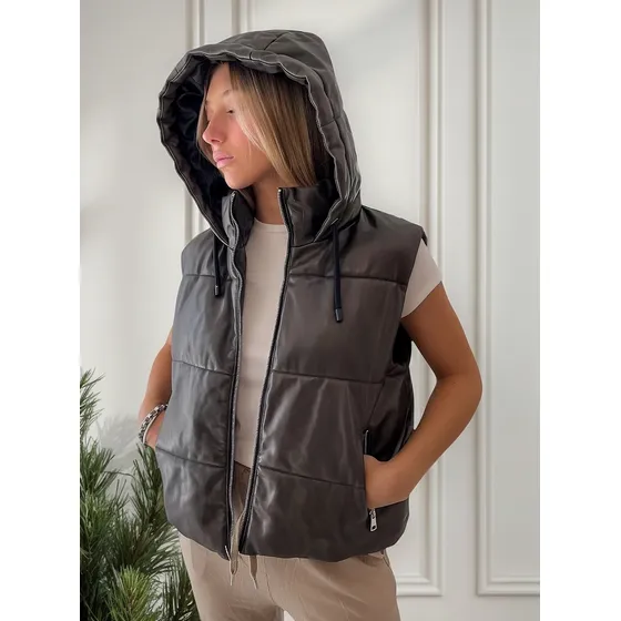 Chaleco Puffer Ecocuero Mujer Capucha Abrigado Capucha.