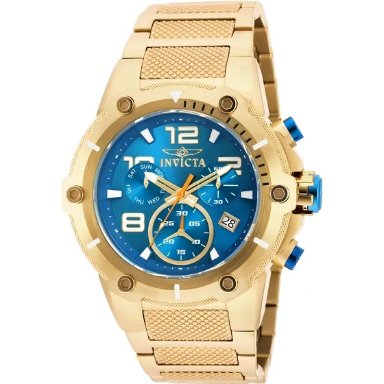 Relógio de pulso Invicta Speedway 19532 com corpo ouro, analógico, para masculino, fundo azul, com correia de aço inoxidável cor ouro, agulhas cor ouro e laranja, subdials de cor branco e ouro, subesf