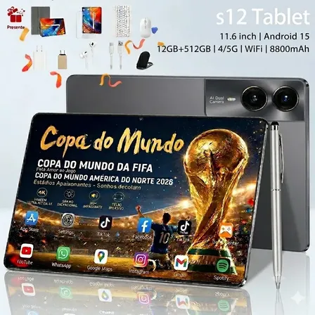 Tablet Android 12GB RAM 512GB Memória Tela Grande 11.6 Bateria 8800mAh Wi-fi 5G Jogos Pesados Completo Com Teclado Mouse Cinza