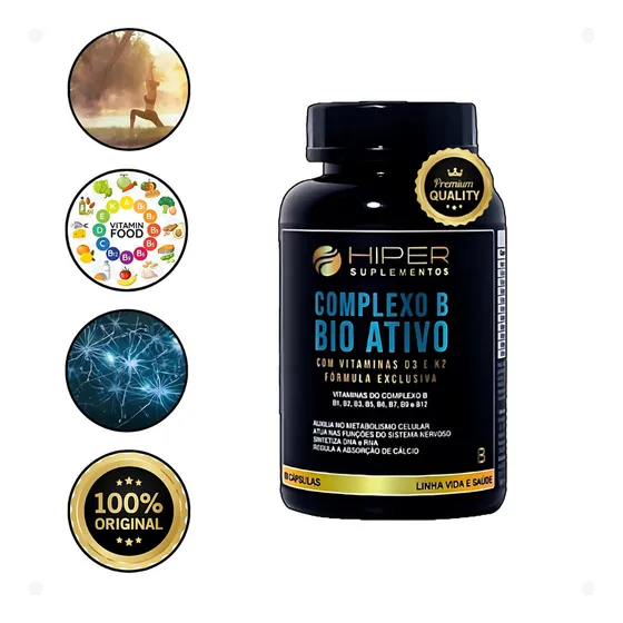Complexo B1 B2 B3 B5 B6 B7 B9 B12 Metilcobalamina Bio Ativo Com Vitaminas D3 E K2 60 Cápsulas Fórmula Exclusiva De Alta Absorção - Hiper Suplementos