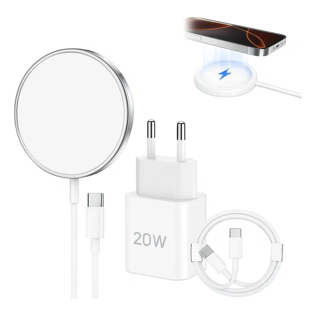 Kit Cargador Magnético Inalámbrico 15w Con Adaptador 45w Y Cable Usb-c Compatible Con iPhone 8, X, Xr, Xs, 11, 12, 13, 14, 15 Y 16 Pro Max Compatible Magsafe