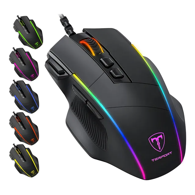 TERPORT 1KHz Mouse Gamer RGB Con Botón de Disparo S608, 8 Botones Programables, 8000dpi Con 5 Niveles Adjustables, Diseño Ergonómico Con Soporte para Dedos, Raton Gamer Para Juegos