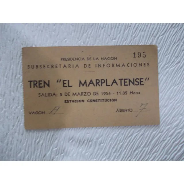 6926-pasaje(usado)tren El Marplatense Presidenci. Nacion1954