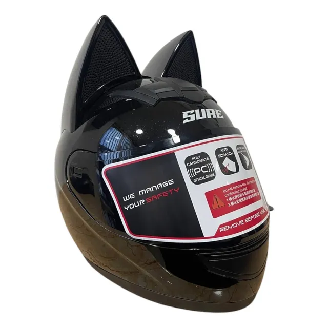 Casco Moto Orejas De Gato Negro Brillante Integral Sure