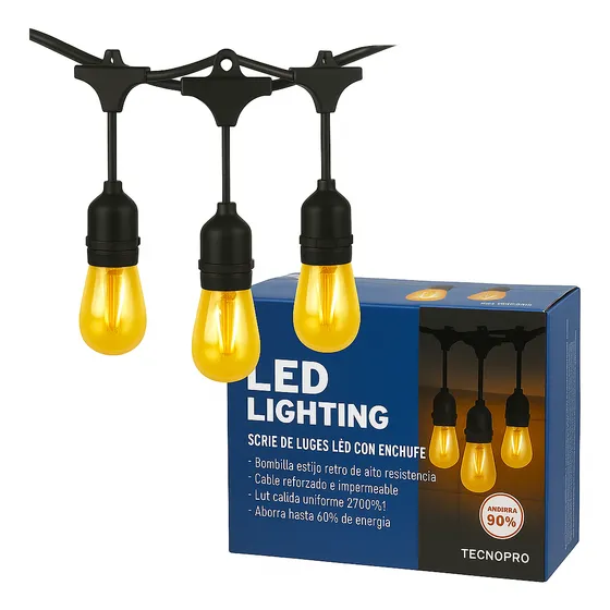 Guirnalda Terraza Patio E27 20 Ampolletas Led Luz Calida Incluidas 10 Metros