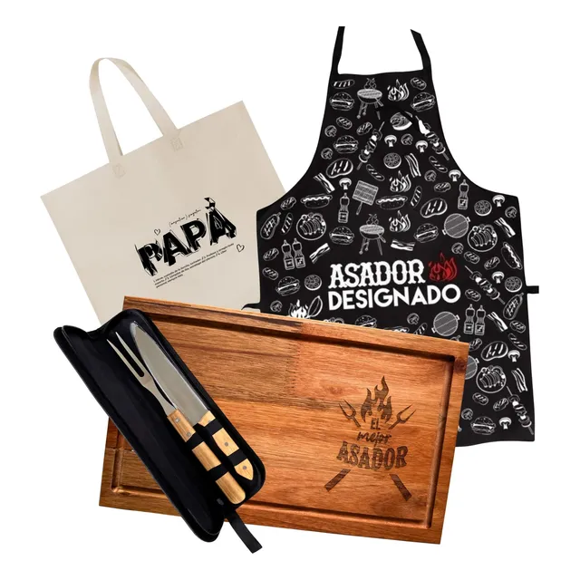 Kit Asador Tabla Dia Del Padre Cuchillo Tenedor Delantal