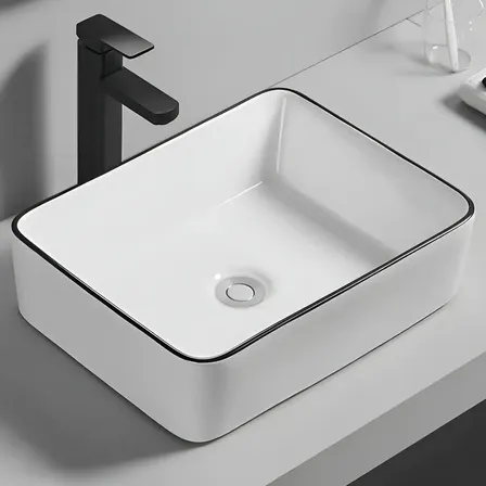 Lavabo De Cerámica Rectangular Blanco Con Grifo Negro Chef Koch White-06 Mate