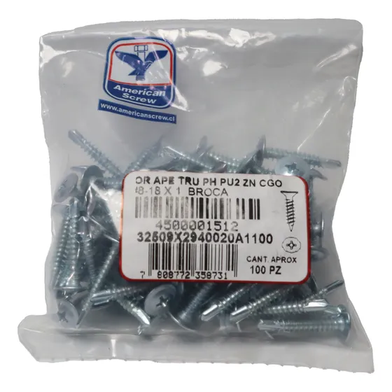 Tornillo Lenteja Broca #8-18x1''100uds. American Screw