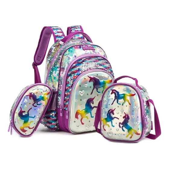 Morral Lonchera Y Cartuchera Unicornio Plateado