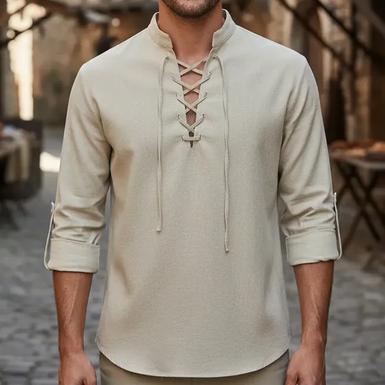 Camisas Cuello Mao Lino Hombre Manga Larga Para Hombre