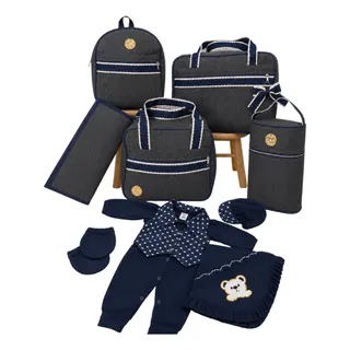 Kit Bolsa 5 Peças Linho + Saída Maternidade Com Manta Azul-marinho
