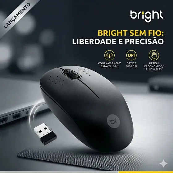 Mouse Sem Fio Preto Óptico 1000 Dpi Alta Precisão Design Ergonômico Confortável Plug And Play Ideal Para Computador Notebook Escritório Trabalho Estudos Uso Diário