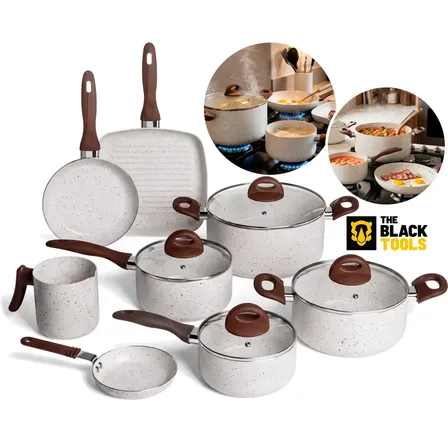 Conjunto De Panelas 8 Peças Cerâmico Antiaderente Bell'aroma Onice Com Tampa De Vidro - The Black Tools Baunilha