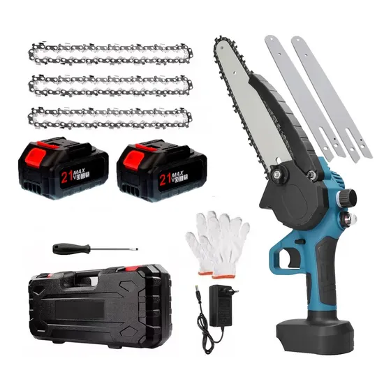Mini Motosierra 8p 21v Maletín 2 Baterías 3 Cadenas 2 Espada Color Negro