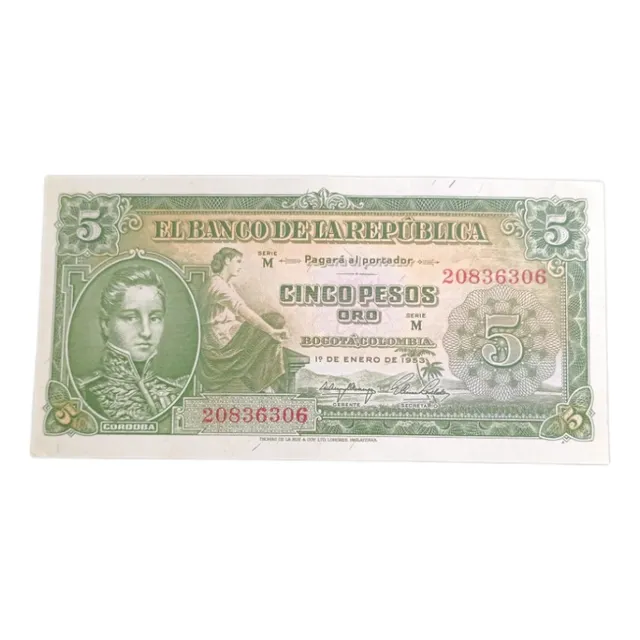 Billete Colombia 5 Pesos Oro 1953 Sin Circular Unc.