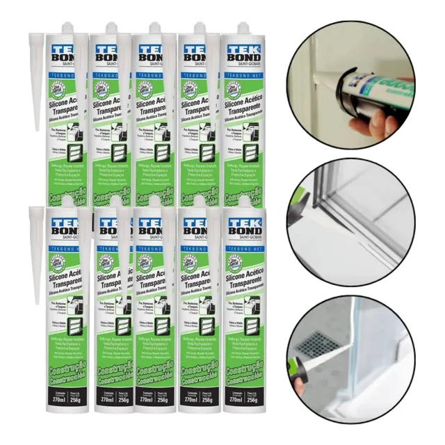 Kit 10 Silicone Acético Transparente Tubo 256g 270ml Tekbond