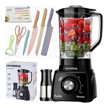 Liquidificador Turbo Mondial Preto 550w + Kit Cozinha Facas