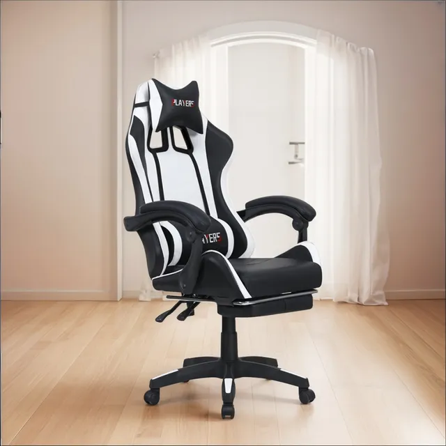 Silla Smart Tech HYG-02 Sillon Escritorio Gamer Ergonomica Reclinable Pc Color Blanco y Negro Tapizado Cuero Sintético