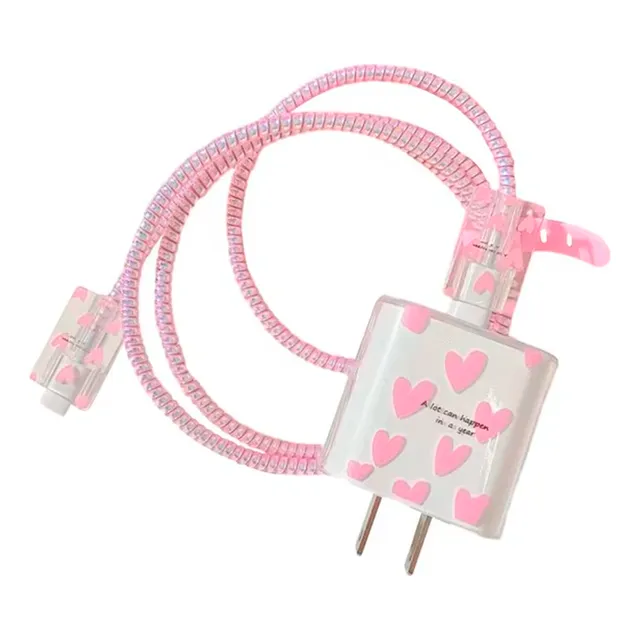 Kit Protetor De Cabo E Carregador Capa Celular Coração Rosa