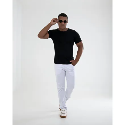 Calça Masculina De Brim Reta Branca Com Lycra Algodão